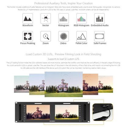 FEELWORLD D71 PLUS-H Dual 7 inch 3RU Rackmount Monitor 4K HDMI 1920 x 1200 IPS Monitor (US Plug) - On-camera Monitors by FEELWORLD | Online Shopping UK | buy2fix