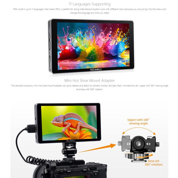 FEELWORLD P6XL 6.0 inch Aluminium Built-in Battery DSLR Camera Field Monitor Touch Screen 4K HDMI High Brightness 1200nit Monitor (Black) - On-camera Monitors by FEELWORLD | Online Shopping UK | buy2fix
