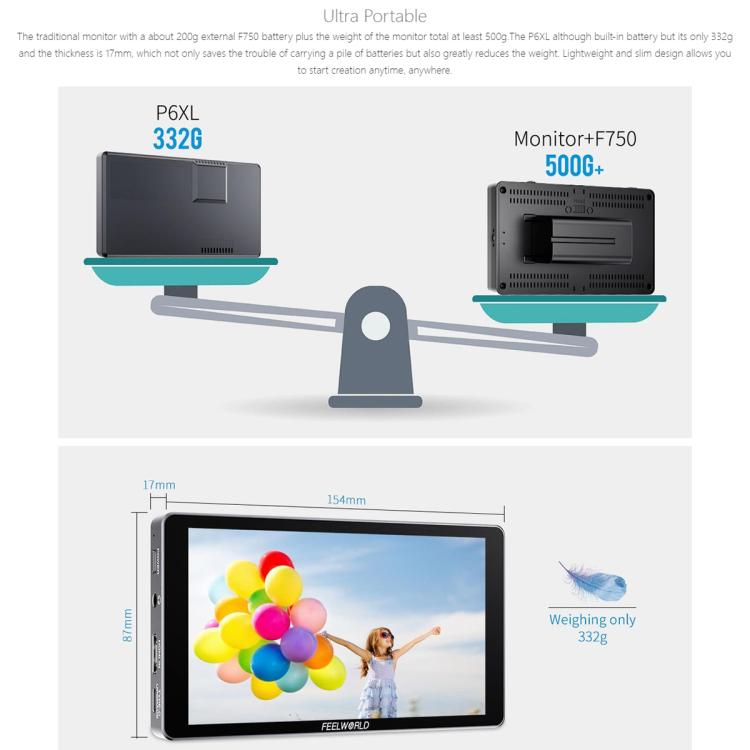 FEELWORLD P6XL 6.0 inch Aluminium Built-in Battery DSLR Camera Field Monitor Touch Screen 4K HDMI High Brightness 1200nit Monitor (Black) - On-camera Monitors by FEELWORLD | Online Shopping UK | buy2fix