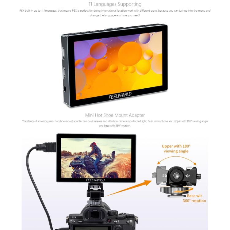 FEELWORLD P6X 5.5 inch Aluminium DSLR Camera Field Monitor Touch Screen 4K HDMI High Brightness 1000nit Monitor (Black) - On-camera Monitors by FEELWORLD | Online Shopping UK | buy2fix