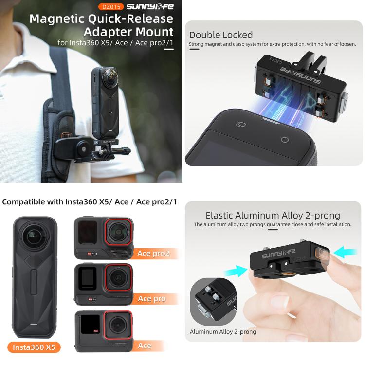 Sunnylife Magnetic Quick Release Adapter Mount Action Camera Foldable Cam Stand For Insta360 X5 / Ace / Ace Pro 2 / 1 (Black) - Mount & Holder by Sunnylife | Online Shopping UK | buy2fix