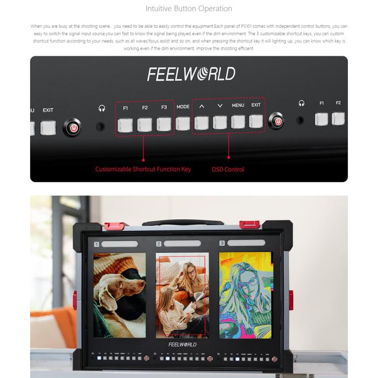 FEELWORLD PS101 Triple 10.1-inch Vertical Dispaly Carry-on Monitor High Brightness 1000nit Portable Protective Case (US Plug) - On-camera Monitors by FEELWORLD | Online Shopping UK | buy2fix
