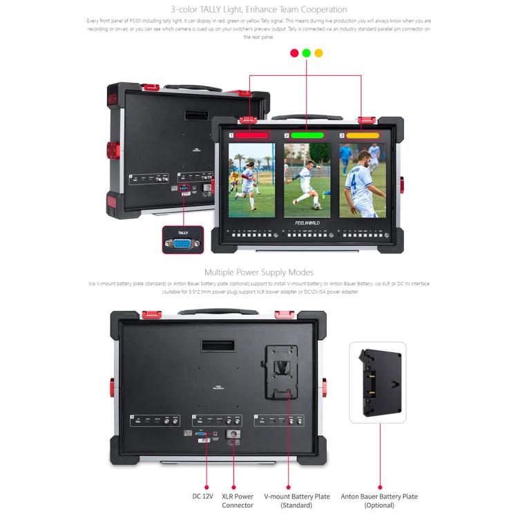 FEELWORLD PS101 Triple 10.1-inch Vertical Dispaly Carry-on Monitor High Brightness 1000nit Portable Protective Case (US Plug) - On-camera Monitors by FEELWORLD | Online Shopping UK | buy2fix