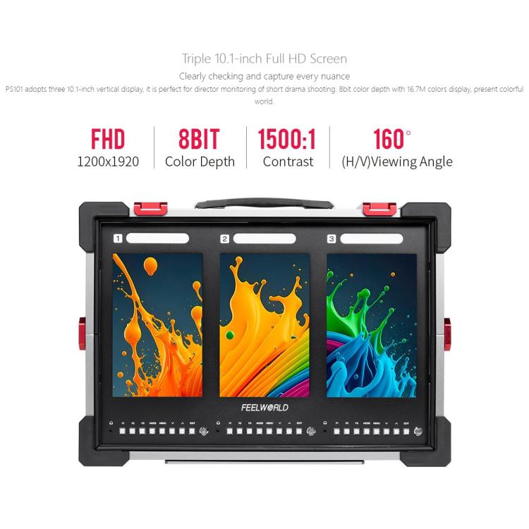 FEELWORLD PS101 Triple 10.1-inch Vertical Dispaly Carry-on Monitor High Brightness 1000nit Portable Protective Case (AU Plug) - On-camera Monitors by FEELWORLD | Online Shopping UK | buy2fix