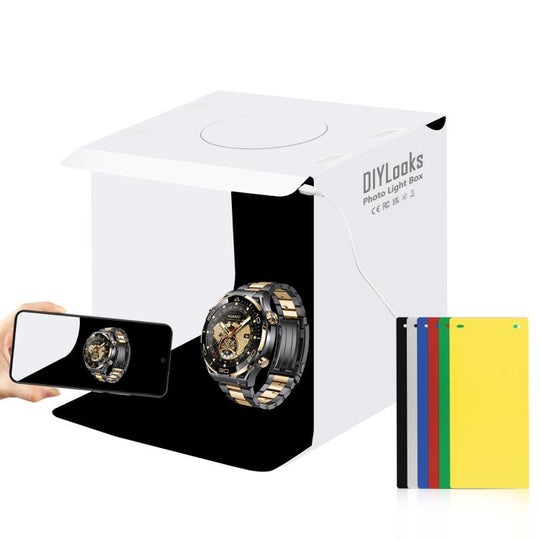 DIYLooks 20cm Folding Portable 550LM Light Photo Lighting Studio Shooting Tent Box Kit with 6 Colors Backdrops (Black, White, Yellow, Red, Green, Blue), Unfold Size: 24cm x 23cm x 23cm
