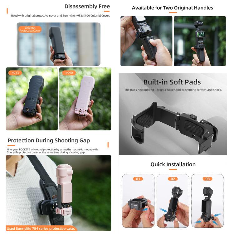 For DJI OSMO Pocket 3 Sunnylife Quick Release Adapter Mount Frame Two-Way Adapter Expansion Selfie Stick Tripod Adapter (Black) - Mount & Holder by Sunnylife | Online Shopping UK | buy2fix