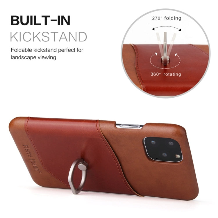 For iPhone 11 Pro Fierre Shann Oil Wax Texture Genuine Leather Back Cover Case with 360 Degree Rotation Holder & Card Slot (Brown) - iPhone 11 Pro Cases by buy2fix | Online Shopping UK | buy2fix