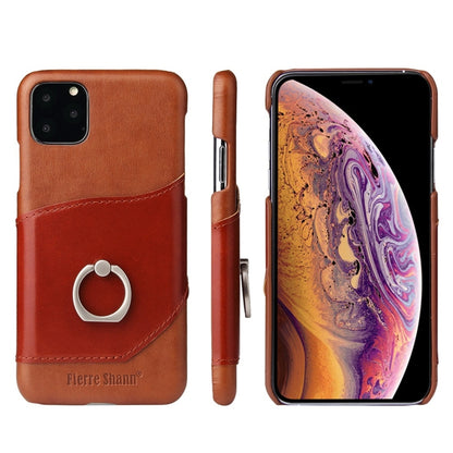 For iPhone 11 Fierre Shann Oil Wax Texture Genuine Leather Back Cover Case with 360 Degree Rotation Holder & Card Slot (Brown) - iPhone 11 Cases by FIERRE SHANN | Online Shopping UK | buy2fix