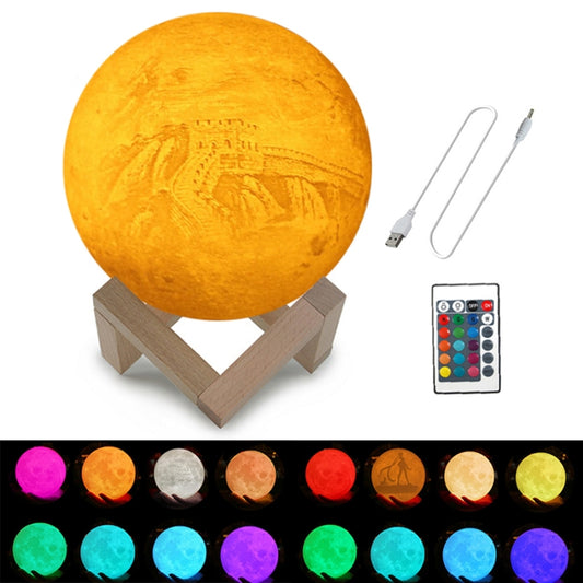 Customized 16-colors 3D Print Lamp USB Charging Energy-saving LED Night Light with Remote Control & Wooden Holder Base, Diameter:10cm - Night Lights by buy2fix | Online Shopping UK | buy2fix