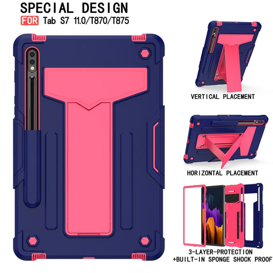 For Samsung Galaxy Tab S8 / Galaxy Tab S7 T870 / T875 T-shaped Bracket Contrast Color Shockproof PC + Silicone Protective Case(Navy+Rose Red) by buy2fix