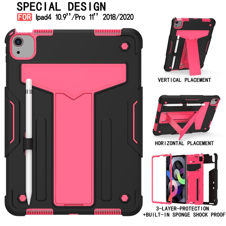 For iPad Air 2022 / 2020 10.9 / iPad Pro 11 T-shaped Bracket Contrast Color Shockproof PC + Silicone Protective Case(Black+Rose Red) - iPad Air (2022) / (2020) 10.9 Cases by buy2fix | Online Shopping UK | buy2fix