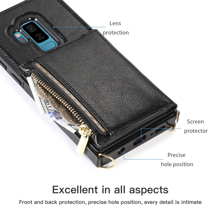 For Samsung Galaxy S9 Plus Square Zipper Wallet Bag TPU+PU Back Cover Case with Holder & Card Slots & Wallet & Cross-body Strap(Black) - Galaxy Phone Cases by CMai2 | Online Shopping UK | buy2fix