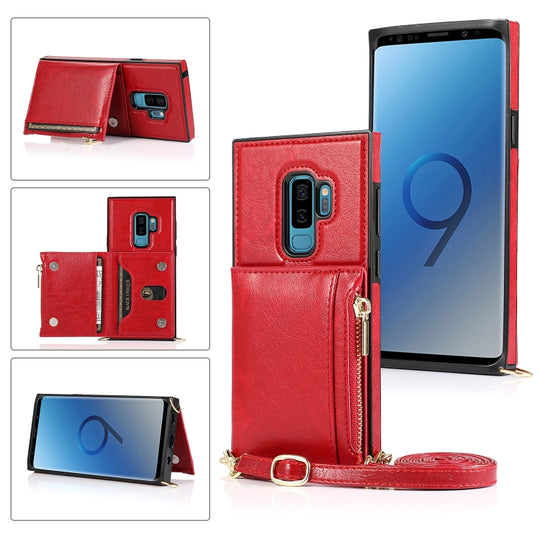 For Samsung Galaxy S9 Plus Square Zipper Wallet Bag TPU+PU Back Cover Case with Holder & Card Slots & Wallet & Cross-body Strap(Red)