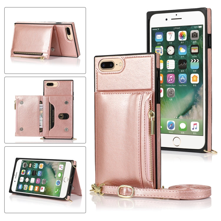 Square Zipper Wallet Bag TPU+PU Back Cover Case with Holder & Card Slots & Wallet & Cross-body Strap For iPhone 8 Plus / 7 Plus(Rose Glod) - More iPhone Cases by buy2fix | Online Shopping UK | buy2fix