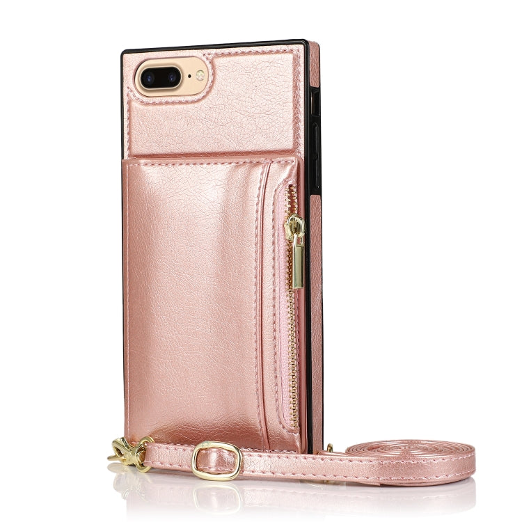 Square Zipper Wallet Bag TPU+PU Back Cover Case with Holder & Card Slots & Wallet & Cross-body Strap For iPhone 8 Plus / 7 Plus(Rose Glod) - More iPhone Cases by buy2fix | Online Shopping UK | buy2fix