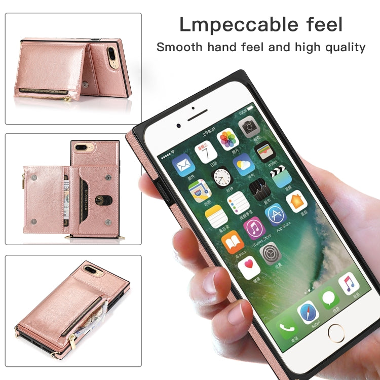 Square Zipper Wallet Bag TPU+PU Back Cover Case with Holder & Card Slots & Wallet & Cross-body Strap For iPhone 8 Plus / 7 Plus(Rose Glod) - More iPhone Cases by buy2fix | Online Shopping UK | buy2fix