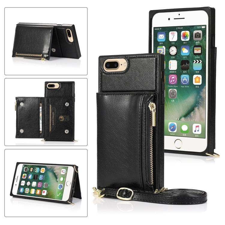 Square Zipper Wallet Bag TPU+PU Back Cover Case with Holder & Card Slots & Wallet & Cross-body Strap For iPhone 8 Plus / 7 Plus(Black) - More iPhone Cases by buy2fix | Online Shopping UK | buy2fix