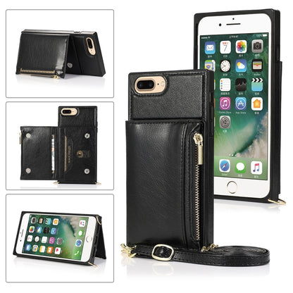 Square Zipper Wallet Bag TPU+PU Back Cover Case with Holder & Card Slots & Wallet & Cross-body Strap For iPhone 8 Plus / 7 Plus(Black) - More iPhone Cases by buy2fix | Online Shopping UK | buy2fix