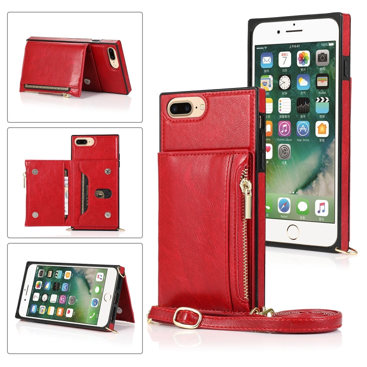 Square Zipper Wallet Bag TPU+PU Back Cover Case with Holder & Card Slots & Wallet & Cross-body Strap For iPhone 8 Plus / 7 Plus(Red) - More iPhone Cases by buy2fix | Online Shopping UK | buy2fix