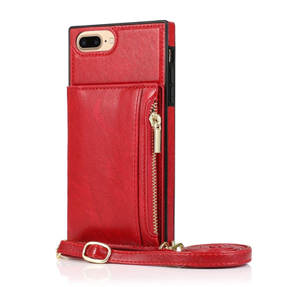 Square Zipper Wallet Bag TPU+PU Back Cover Case with Holder & Card Slots & Wallet & Cross-body Strap For iPhone 8 Plus / 7 Plus(Red) - More iPhone Cases by buy2fix | Online Shopping UK | buy2fix