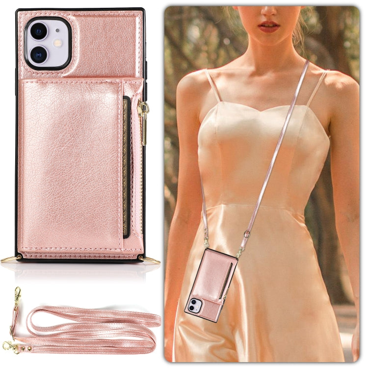For iPhone 11 Square Zipper Wallet Bag TPU+PU Back Cover Case with Holder & Card Slots & Wallet & Cross-body Strap (Rose Glod) - iPhone 11 Cases by buy2fix | Online Shopping UK | buy2fix