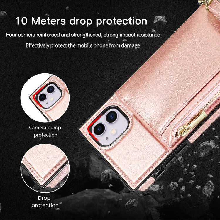 For iPhone 11 Square Zipper Wallet Bag TPU+PU Back Cover Case with Holder & Card Slots & Wallet & Cross-body Strap (Rose Glod) - iPhone 11 Cases by buy2fix | Online Shopping UK | buy2fix