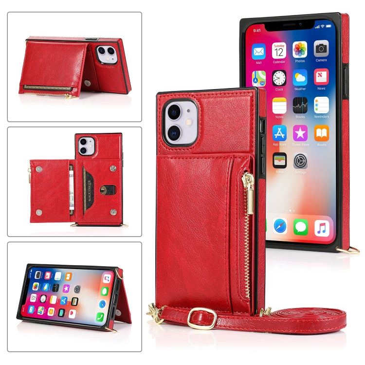 For iPhone 11 Square Zipper Wallet Bag TPU+PU Back Cover Case with Holder & Card Slots & Wallet & Cross-body Strap (Red) - iPhone 11 Cases by buy2fix | Online Shopping UK | buy2fix
