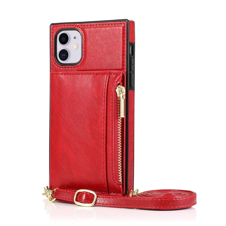 For iPhone 11 Square Zipper Wallet Bag TPU+PU Back Cover Case with Holder & Card Slots & Wallet & Cross-body Strap (Red) - iPhone 11 Cases by buy2fix | Online Shopping UK | buy2fix