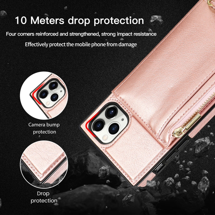 For iPhone 11 Pro Square Zipper Wallet Bag TPU+PU Back Cover Case with Holder & Card Slots & Wallet & Cross-body Strap (Rose Glod) - iPhone 11 Pro Cases by buy2fix | Online Shopping UK | buy2fix