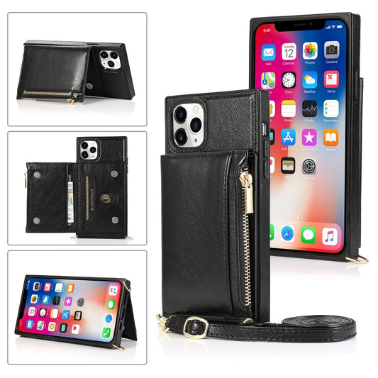 For iPhone 11 Pro Square Zipper Wallet Bag TPU+PU Back Cover Case with Holder & Card Slots & Wallet & Cross-body Strap (Black) - iPhone 11 Pro Cases by buy2fix | Online Shopping UK | buy2fix