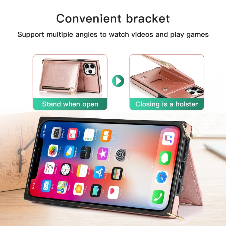 For iPhone 11 Pro Max Square Zipper Wallet Bag TPU+PU Back Cover Case with Holder & Card Slots & Wallet & Cross-body Strap (Rose Glod) - iPhone 11 Pro Max Cases by buy2fix | Online Shopping UK | buy2fix