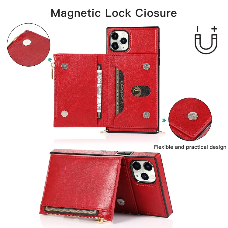 For iPhone 11 Pro Max Square Zipper Wallet Bag TPU+PU Back Cover Case with Holder & Card Slots & Wallet & Cross-body Strap (Red) - iPhone 11 Pro Max Cases by buy2fix | Online Shopping UK | buy2fix