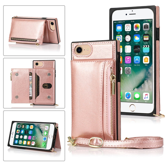 For iPhone SE 2022 / SE 2020 / 8 / 7 Square Zipper Wallet Bag TPU+PU Back Cover Case with Holder & Card Slots & Wallet & Cross-body Strap(Rose Glod) - iPhone SE 2022 / 2020 / 8 / 7 Cases by buy2fix | Online Shopping UK | buy2fix