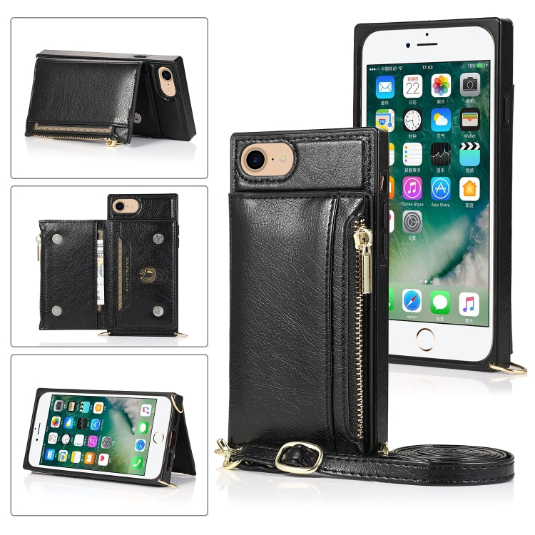 For iPhone SE 2022 / SE 2020 / 8 / 7 Square Zipper Wallet Bag TPU+PU Back Cover Case with Holder & Card Slots & Wallet & Cross-body Strap(Black) - iPhone SE 2022 / 2020 / 8 / 7 Cases by buy2fix | Online Shopping UK | buy2fix