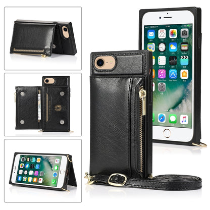 For iPhone SE 2022 / SE 2020 / 8 / 7 Square Zipper Wallet Bag TPU+PU Back Cover Case with Holder & Card Slots & Wallet & Cross-body Strap(Black) - iPhone SE 2022 / 2020 / 8 / 7 Cases by buy2fix | Online Shopping UK | buy2fix