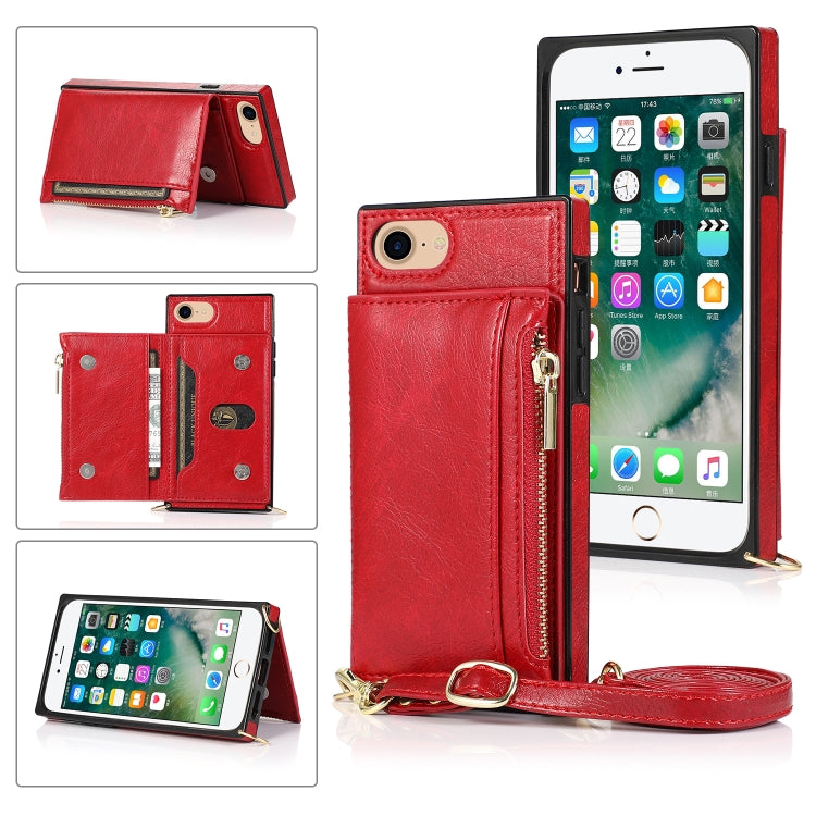 For iPhone SE 2022 / SE 2020 / 8 / 7 Square Zipper Wallet Bag TPU+PU Back Cover Case with Holder & Card Slots & Wallet & Cross-body Strap(Red) - iPhone SE 2022 / 2020 / 8 / 7 Cases by buy2fix | Online Shopping UK | buy2fix