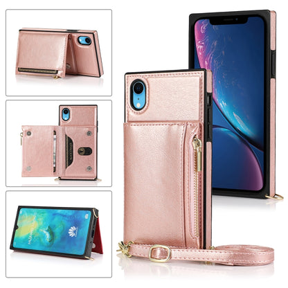 For iPhone XR Square Zipper Wallet Bag TPU+PU Back Cover Case with Holder & Card Slots & Wallet & Cross-body Strap(Rose Glod) - More iPhone Cases by buy2fix | Online Shopping UK | buy2fix