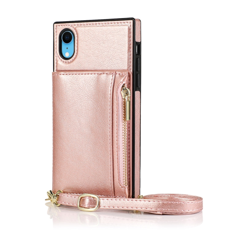 For iPhone XR Square Zipper Wallet Bag TPU+PU Back Cover Case with Holder & Card Slots & Wallet & Cross-body Strap(Rose Glod) - More iPhone Cases by buy2fix | Online Shopping UK | buy2fix