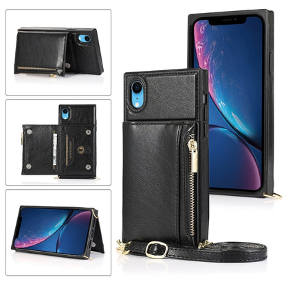 For iPhone XR Square Zipper Wallet Bag TPU+PU Back Cover Case with Holder & Card Slots & Wallet & Cross-body Strap(Black) - More iPhone Cases by buy2fix | Online Shopping UK | buy2fix