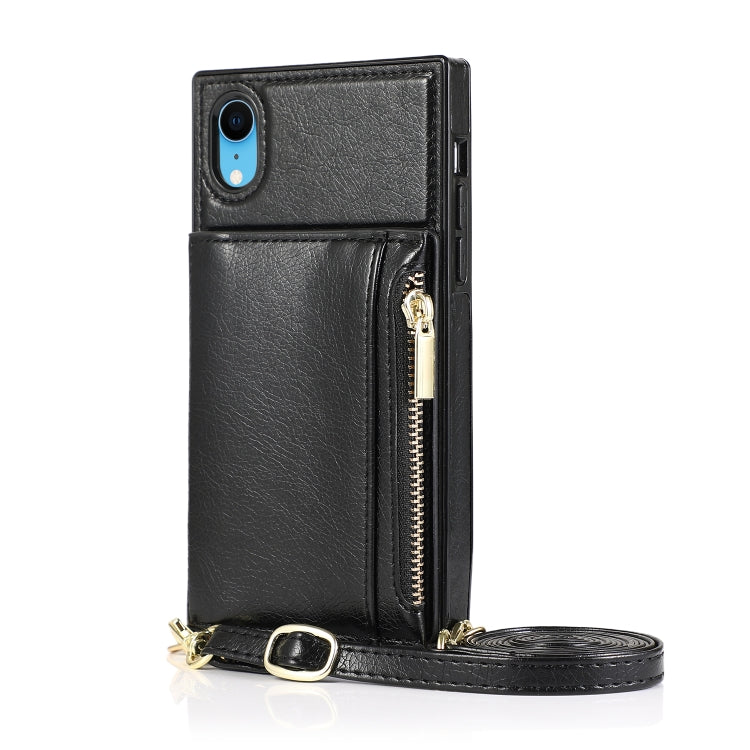 For iPhone XR Square Zipper Wallet Bag TPU+PU Back Cover Case with Holder & Card Slots & Wallet & Cross-body Strap(Black) - More iPhone Cases by buy2fix | Online Shopping UK | buy2fix