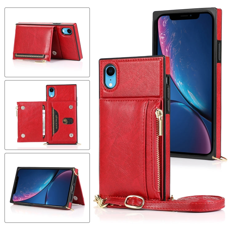 For iPhone XR Square Zipper Wallet Bag TPU+PU Back Cover Case with Holder & Card Slots & Wallet & Cross-body Strap(Red) - More iPhone Cases by buy2fix | Online Shopping UK | buy2fix