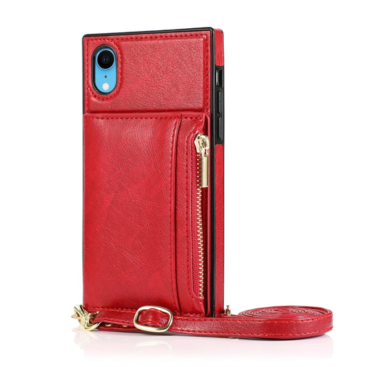 For iPhone XR Square Zipper Wallet Bag TPU+PU Back Cover Case with Holder & Card Slots & Wallet & Cross-body Strap(Red) - More iPhone Cases by buy2fix | Online Shopping UK | buy2fix
