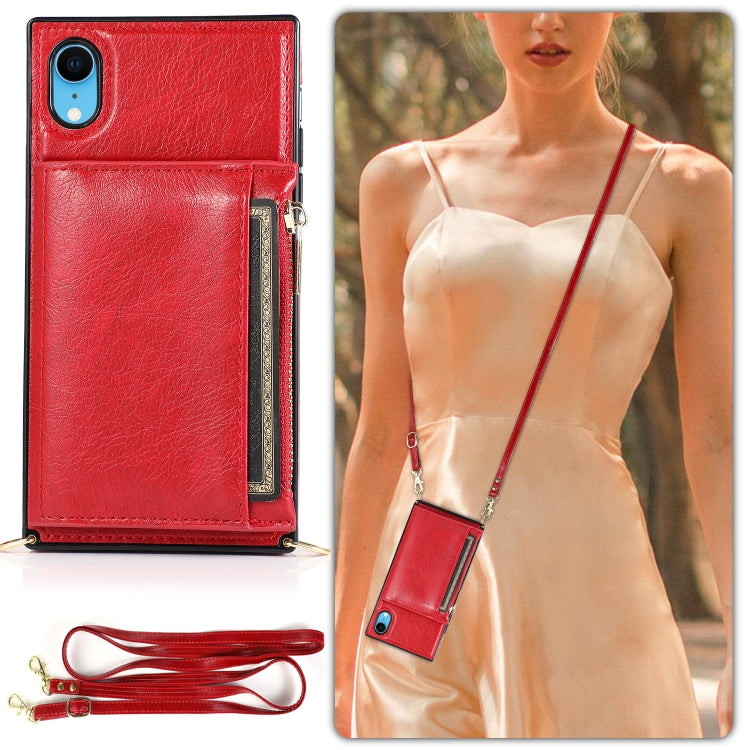 For iPhone XR Square Zipper Wallet Bag TPU+PU Back Cover Case with Holder & Card Slots & Wallet & Cross-body Strap(Red) - More iPhone Cases by buy2fix | Online Shopping UK | buy2fix