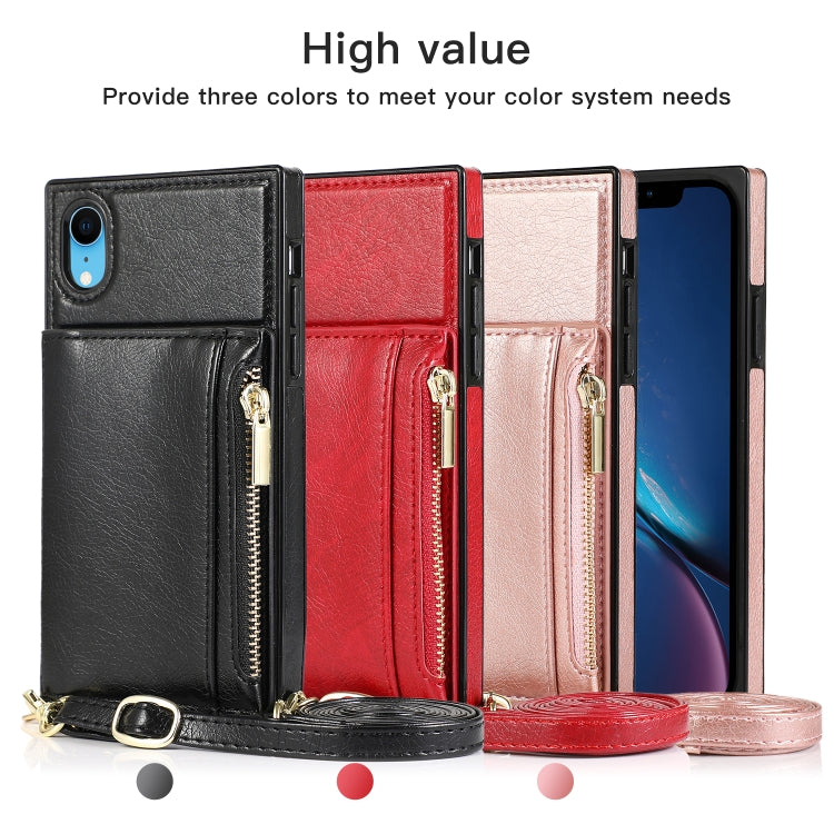 For iPhone XR Square Zipper Wallet Bag TPU+PU Back Cover Case with Holder & Card Slots & Wallet & Cross-body Strap(Red) - More iPhone Cases by buy2fix | Online Shopping UK | buy2fix