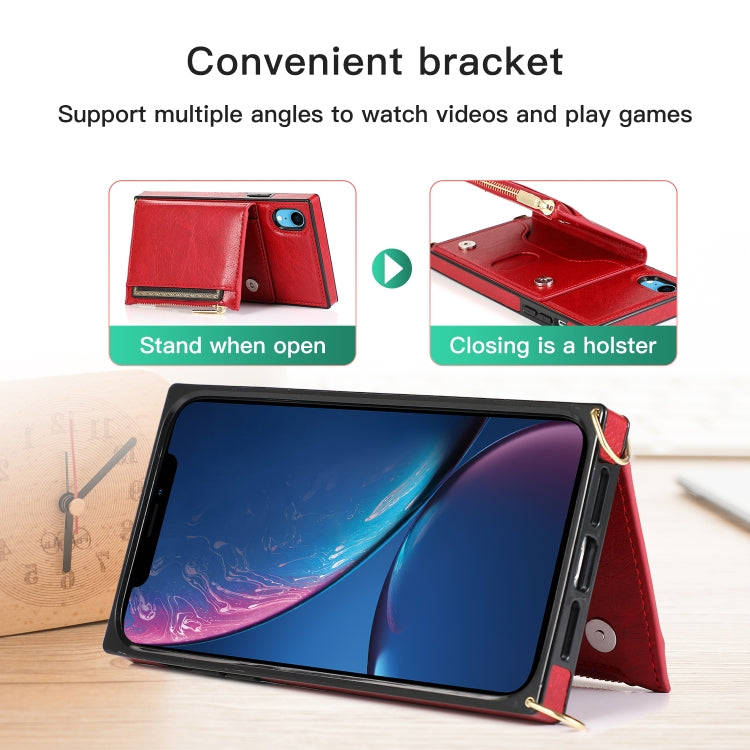 For iPhone XR Square Zipper Wallet Bag TPU+PU Back Cover Case with Holder & Card Slots & Wallet & Cross-body Strap(Red) - More iPhone Cases by buy2fix | Online Shopping UK | buy2fix