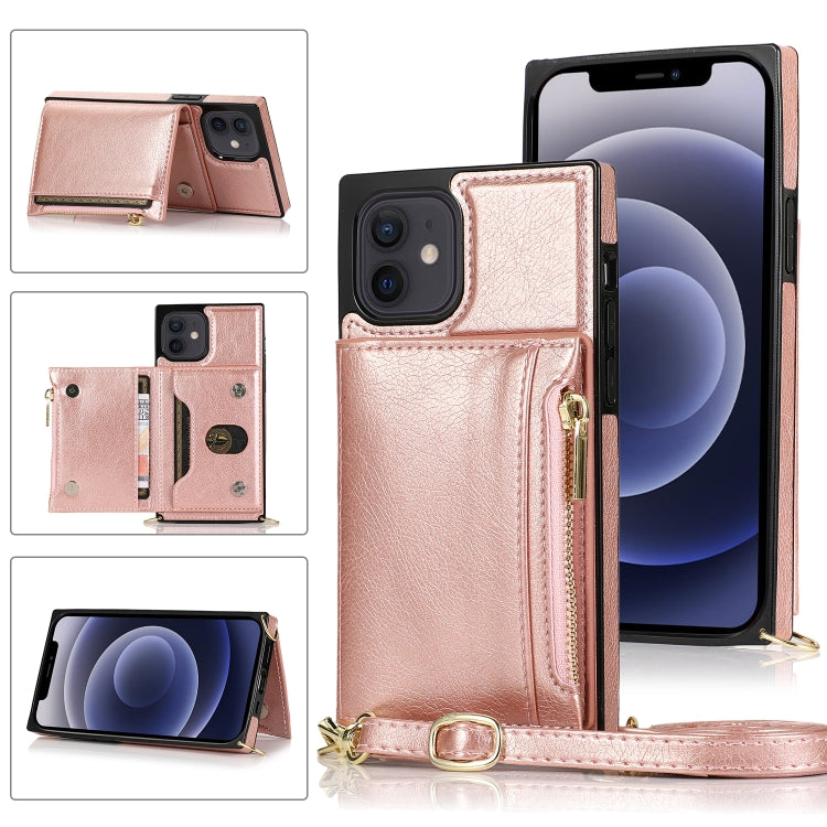 For iPhone 12 mini Square Zipper Wallet Bag TPU+PU Back Cover Case with Holder & Card Slots & Wallet & Cross-body Strap (Rose Glod) - iPhone 12 mini Cases by buy2fix | Online Shopping UK | buy2fix