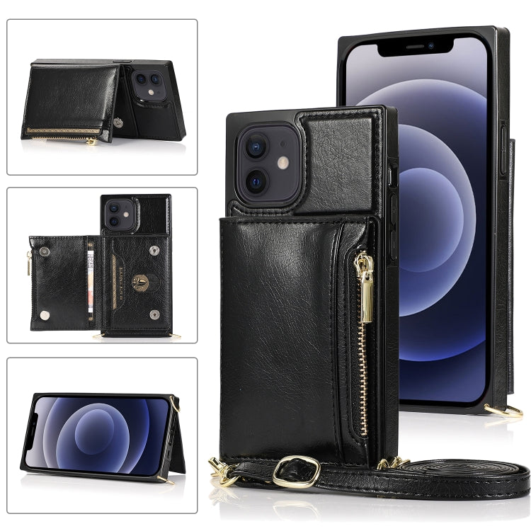 For iPhone 12 mini Square Zipper Wallet Bag TPU+PU Back Cover Case with Holder & Card Slots & Wallet & Cross-body Strap (Black) - iPhone 12 mini Cases by buy2fix | Online Shopping UK | buy2fix