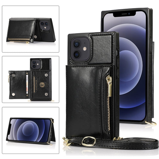 For iPhone 12 mini Square Zipper Wallet Bag TPU+PU Back Cover Case with Holder & Card Slots & Wallet & Cross-body Strap (Black) - iPhone 12 mini Cases by buy2fix | Online Shopping UK | buy2fix
