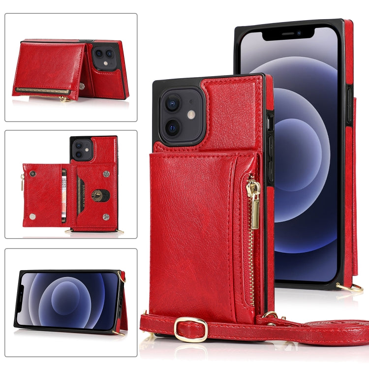 For iPhone 12 mini Square Zipper Wallet Bag TPU+PU Back Cover Case with Holder & Card Slots & Wallet & Cross-body Strap (Red) - iPhone 12 mini Cases by buy2fix | Online Shopping UK | buy2fix