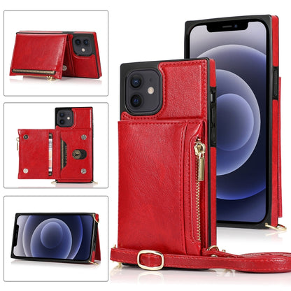 For iPhone 12 mini Square Zipper Wallet Bag TPU+PU Back Cover Case with Holder & Card Slots & Wallet & Cross-body Strap (Red) - iPhone 12 mini Cases by buy2fix | Online Shopping UK | buy2fix